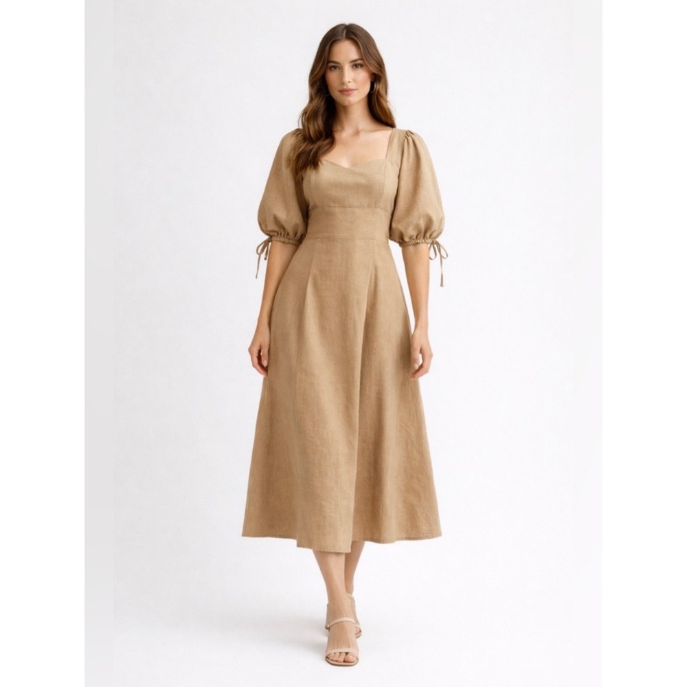 Mila Mae Cotton Linen Puff Sleeve Midi Dress Tan Square Neck Small